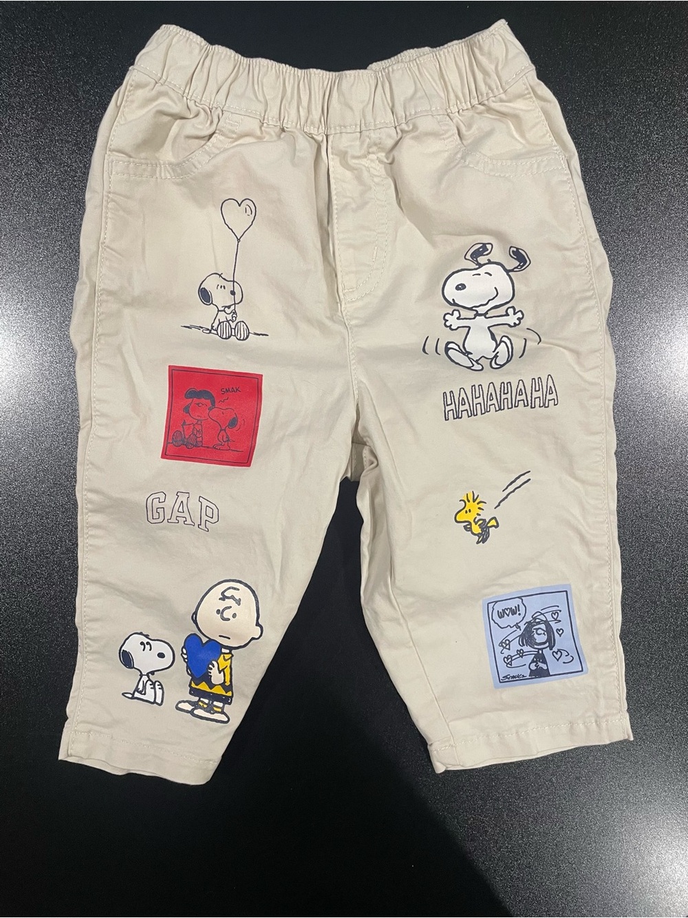 GAP Barrel Pull On Pants w/ Peanuts Characters. Fits 18-24 mo. 🦴 💙